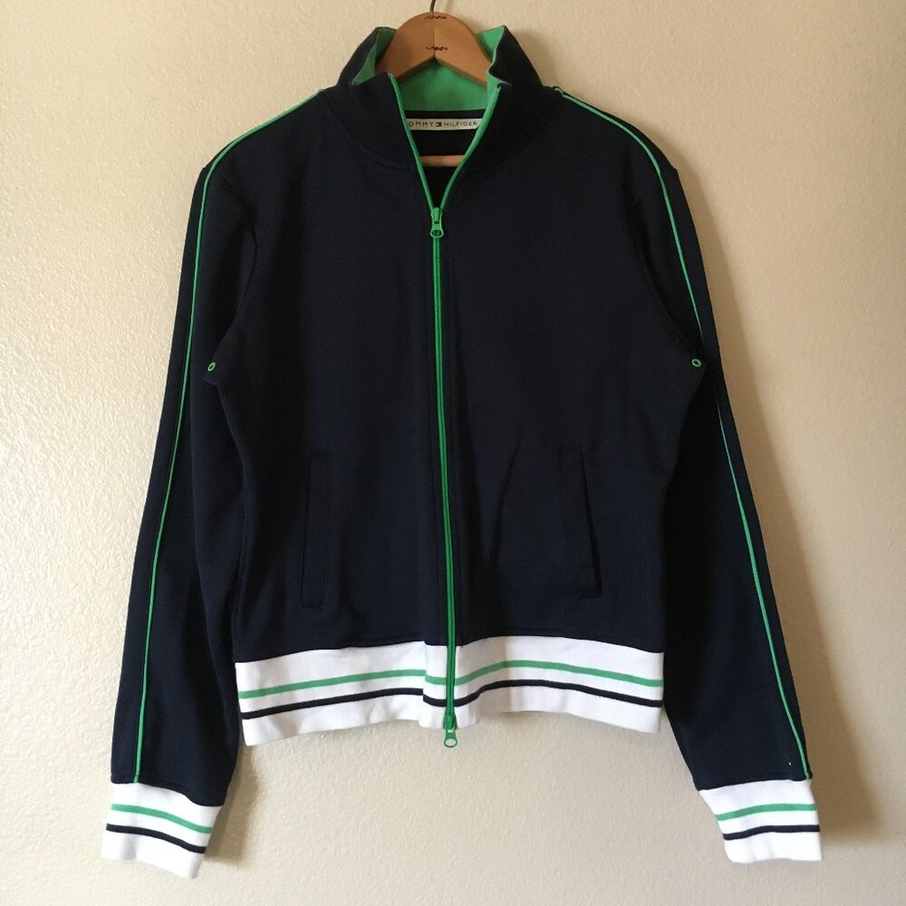 Vintage Tommy Hilfiger Track Jacket L Navy Blue White SpellOut Logo Tennis Y2K
